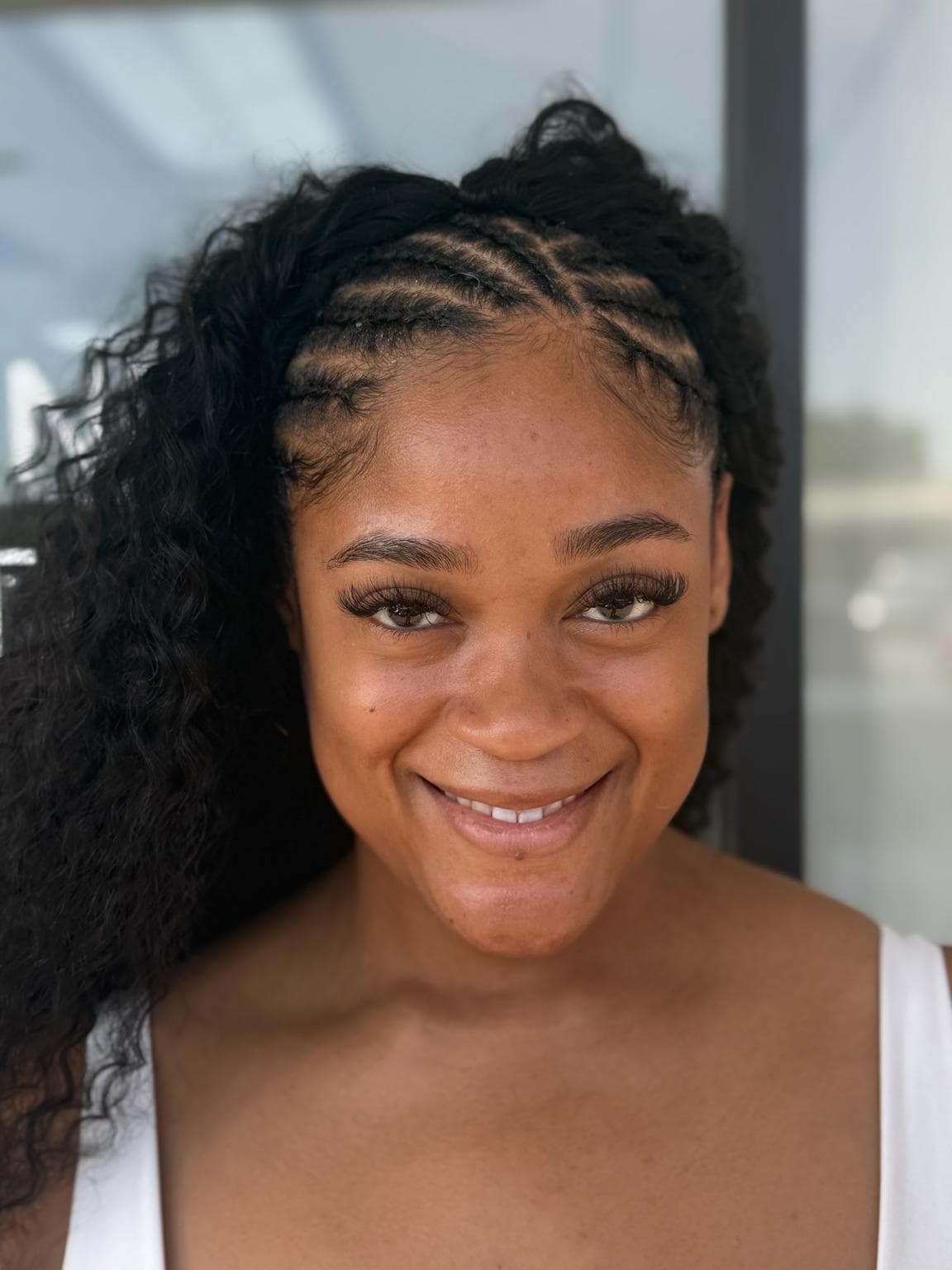 long black half corn row half wig soft curly half wig front view